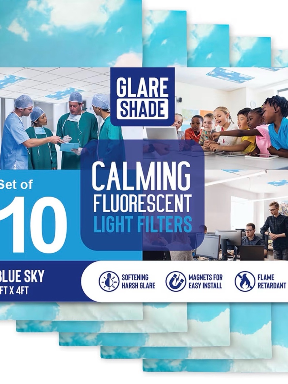 Glare Shade Calming Fluorescent Light Filters - Blue Sky (Set of 10)